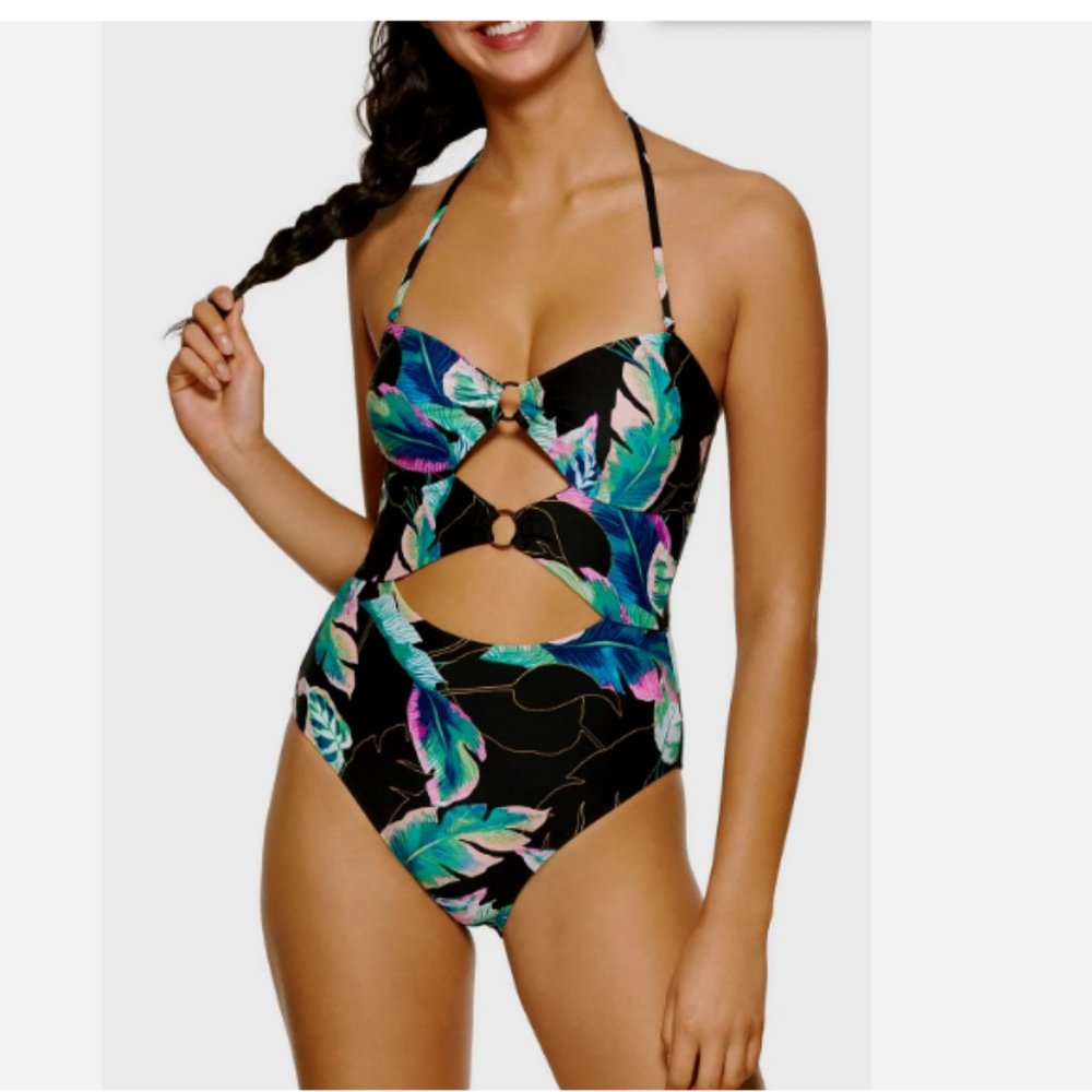 Hula Honey Twisted Palms Printed Cutout One Piece Swimsuit Black Multi S